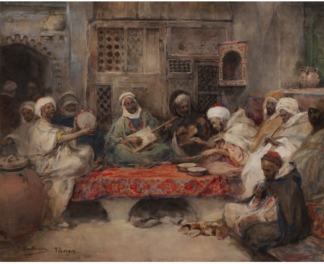 JOSÉ BENLLIURE GIL (Valencia, 1855 - 1937)."Inside a cafeteria", Tunisia.Watercolor on paper.Signed and titled in the lower l