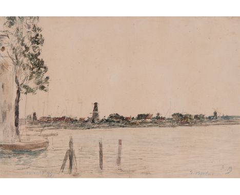 EUGÈNE BOUDIN (France, 1824 - 1898)."Dordrecht, La Meuse; Study of an Estuary," 1875.Watercolor and graphite on laid paper.At