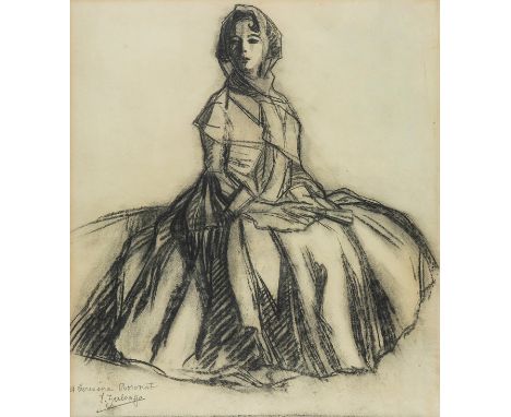 IGNACIO ZULOAGA Y ZABALETA (Eibar, Guipuzcoa, 1870 - Madrid, 1945)."Female portrait.Charcoal on paper.Signed and dedicated to