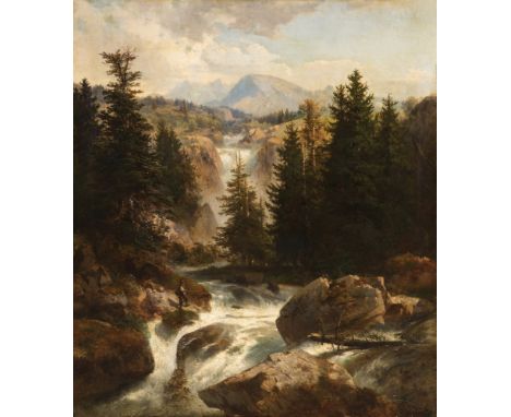 Austrian or Rhenish School; circa 1870."Tyrolean landscape".Oil on canvas.Presents period frame.Measurements: 114 x 103 cm; 1