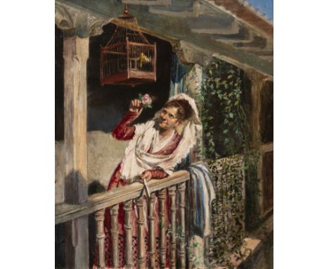 Spanish school of the late nineteenth century."Young woman on the balcony".Oil on panel.With period frame.Measurements: 31 x 