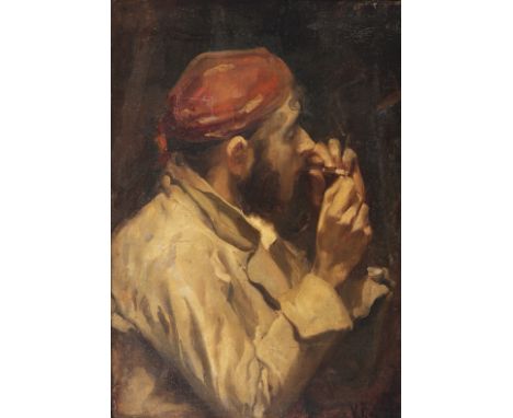 VICENTE CASTELL DOMENECH (Castellón de la Plana, 1871- 1934)."Smoker.Oil on canvas.Signed in the lower right corner.Measureme