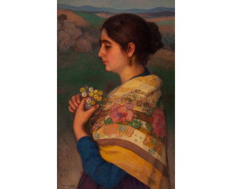 EUGENIO HERMOSO MARTÍNEZ (Fregenal de la Sierra, Badajoz, 1883 - Madrid, 1963)."Young man with flowers".Oil on canvas.Signed 