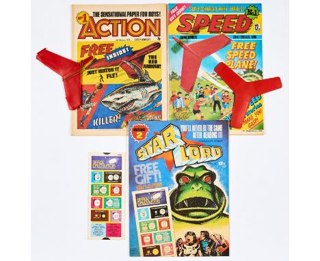 Action 1 (1976) wfg Red Arrow [vg+], Speed 1 (1980) with incorrect but similar free gift [fn], Star Lord 2 (1978) with free g