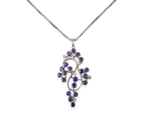 A Sapphire and Diamond Pendant on Chain, the abstract swirl motif pendant set throughout with eight-cut diamonds and round cu