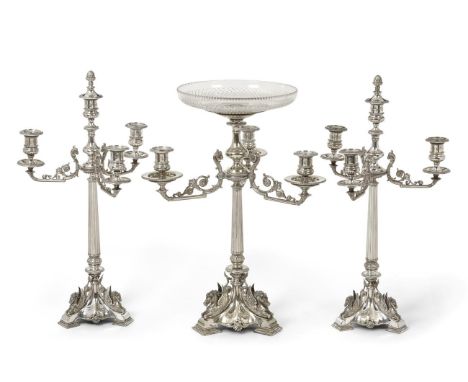 A Three-Piece Victorian Silver Plate Table-Garniture, Apparently Unmarked, Circa 1880, each piece on trefoil base with cast h