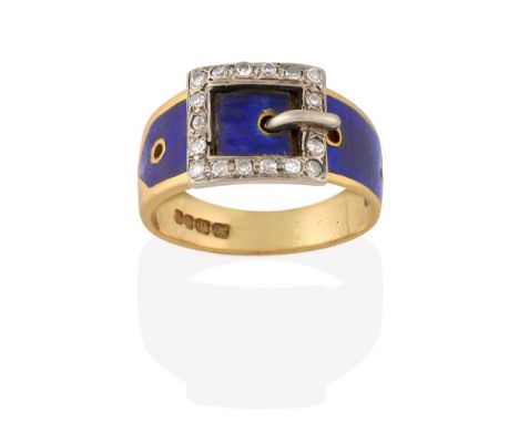 An 18 Carat Gold Edwardian Enamel and Diamond Belt and Buckle Ring, decorated in blue guilloche enamel with the buckle set th