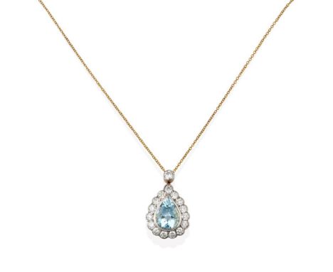 An Aquamarine and Diamond Cluster Pendant on Chain, the pear cut aquamarine within a border of round brilliant cut diamonds s