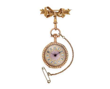 A Lady's Enamel and Split Pearl Set Fob Watch, circa 1900, gilt finished cylinder movement, pink guilloche enamel dial with A