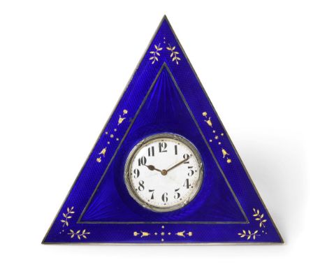 A Blue Enamel Triangular Shaped Strut Timepiece with an Interesting Engraved Inscription ''S/S Bismarck'', circa 1920, mechan