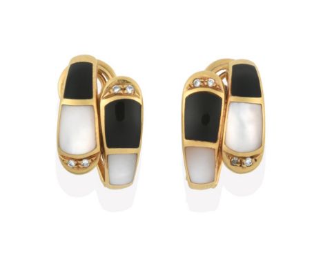 A Pair of Enamel, Mother-of-Pearl and Diamond Earrings, formed of two graduated bands composed of black enamel and mother-of-