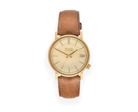 An 18 Carat Gold Calendar Centre Seconds Electronic Accutron Wristwatch, signed Bulova Accutron, circa 1970, tuning fork elec