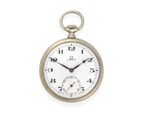A Stainless Steel Open Faced Pocket Watch, signed Omega, circa 1934, lever movement signed and numbered 7999389, enamel dial 
