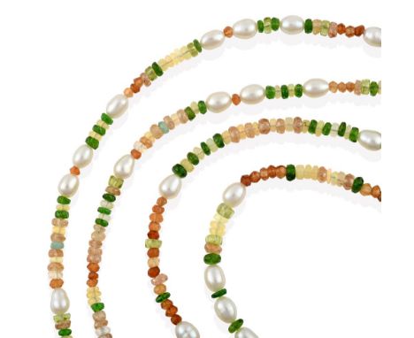 A Multi-Gemstone Bead Necklace, cultured pearls spaced by chrome diopside, fire opal, opal, peridot, emerald and zircon beads