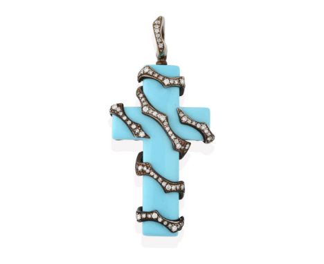 A Turquoise Coloured Glass and Diamond Cross Pendant, by Gavello, the turquoise coloured glass cross applied with branch moti