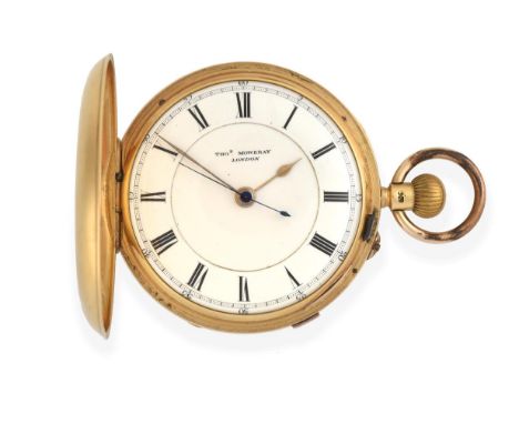 An 18 Carat Gold Full Hunter Chronograph Pocket Watch, signed Thos Mowbray, London, 1907, lever movement signed Thos Mowbray 