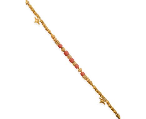 A Fancy Link Coral Necklace, the box link chain with movable yellow faceted and beaded links interspaced centrally with coral