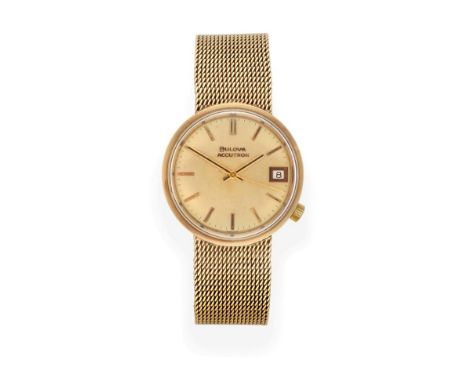 A 9 Carat Gold Calendar Centre Seconds Electronic Accutron Wristwatch, signed Bulova Accutron, 1971, tuning fork electronic m