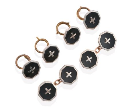 An Onyx Cufflink and Button Set, a pair of cufflinks and four buttons, of octagonal onyx form within a white engine turned bo