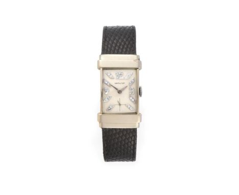 A 14 Carat Gold Rectangular ''Top Hat'' Wristwatch with a Diamond Set Dial, signed Hamilton, circa 1950, (calibre 982) lever 