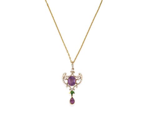 An Edwardian Suffragette Amethyst, Pearl and Enamel Pendant on Chain, of openwork scroll design, an oval cut amethyst in a ye