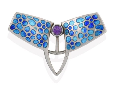 An Arts &amp; Crafts Style Amethyst and Enamel Brooch, of abstract winged design, with a single round cut amethyst in a white
