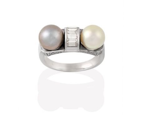 A Cultured Pearl and Diamond Ring, a line of six channel set baguette cut diamonds flanked by a grey cultured pearl and a cre