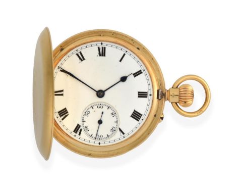 An 18 Carat Gold Full Hunter Pocket Watch, 1929, lever movement, enamel dial with Roman numerals, seconds dial, case maker's 