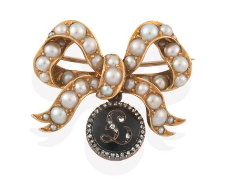 An Edwardian Split Pearl Brooch with Diamond Mourning Pendant, the bow motif set throughout with split pearls in yellow claw 