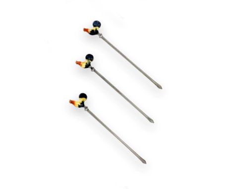 A Cased Set of Six Silver and Enamel Cocktail-Sticks, Each Stamped 'Sterling Silver', the terminal of each cast and enamelled