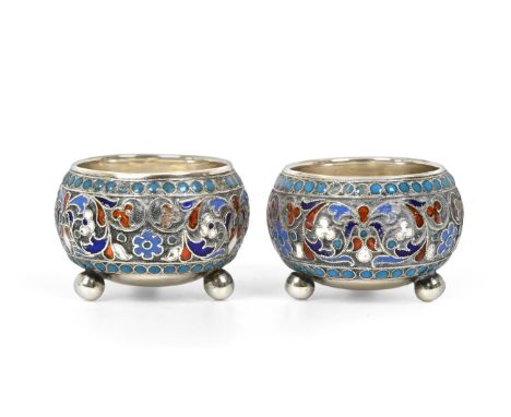 A Pair of Russian Silver and Enamel Salt-Cellars, Maker's Mark GK, Possibly For Gustav Klingert, Moscow, 1895, each globular 