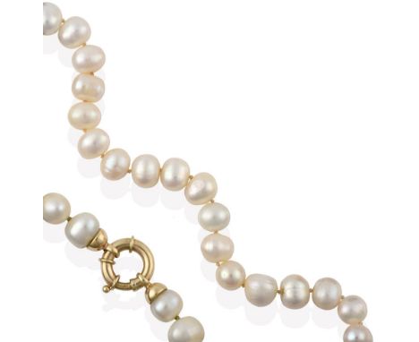 A Single Row Cultured Pearl Necklace, the forty-four irregular shaped cultured pearls knotted to a large yellow bolt ring cat