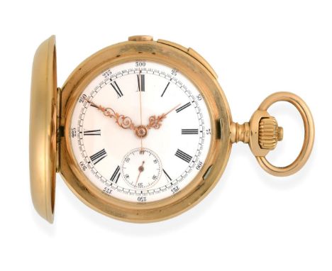 An 18 Carat Gold Full Hunter Chronograph Minute Repeating Pocket Watch, circa 1900, lever movement, enamel dial with Roman nu