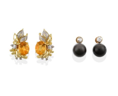 A Pair of Diamond and Banded Agate Drop Earrings, an old cut diamond in a yellow millegrain setting surmounts a banded agate 