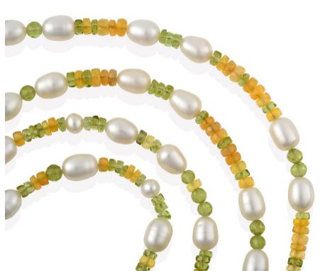 A Multi-Gemstone Bead Necklace, cultured pearls spaced by opal and peridot beads, length 95cm see illustration.  The necklace