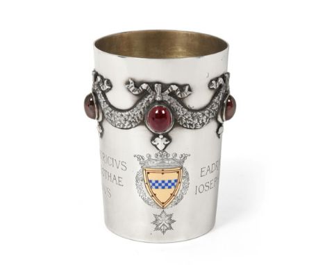 A Victorian Scottish Silver, Enamel and Gem-Set Beaker, by James Crichton and Co., Edinburgh, 1885, tapering cylindrical, the