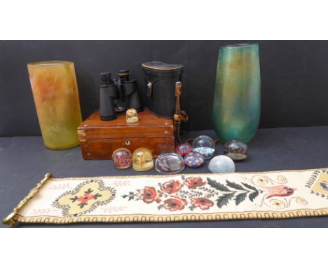 An assortment to include:two frosted glass decorative vases;a collection of nine paperweights (6 glass, 3 perspex);a 19th cen