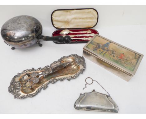 Five pieces of silver and silver plate comprising:a hallmarked silver knife, fork and spoon set in its original case;an early
