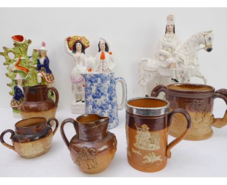 An interesting selection of ceramics to include:three large 19th century Staffordshire figures (the tallest 37 cm);two 19th c