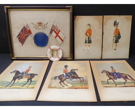 A mixed lot of seven:a WW1 military embroidered silkwork depicting king's crown and laurel leaves over a blue sun, flanked by
