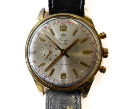 LINGS - a gentleman's gold-plate-cased wristwatch with chronometer/stopwatch function: the silver-coloured dial signed LINGS 