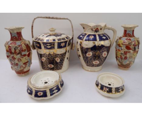 A Kensington Fine Art Pottery earthenware washstand set decorated in Imari colours and comprising large water jug (31 cm high