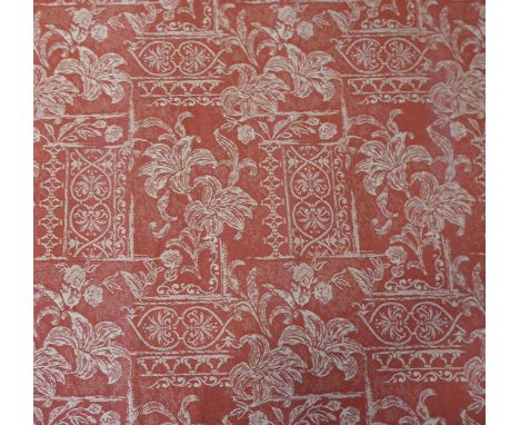 A pair of heavy tapestry-effect curtains in a terracotta and gold design; triple pinch pleat heading, integral fringed pelmet