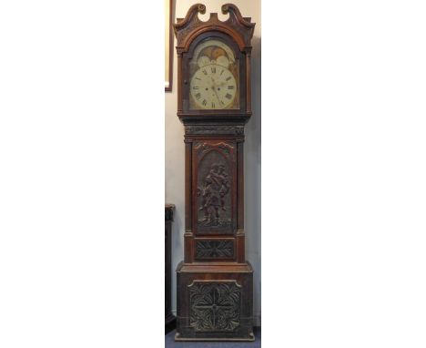 A large early 19th century oak-cased longcase clock for full restoration; broken swan-neck pediment above a painted 14" broke