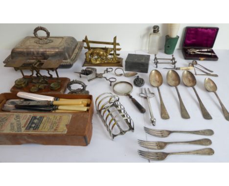 Early 20th century silver-plated flatware and other similar items to include:a pair of 19th century wick-trimmers; a Georgian
