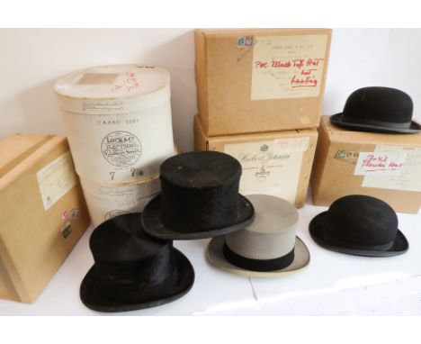 Three top hats (two black one grey) and two bowlers, all in their maker's boxes:Lock & Co. top hat;Lock & Co. grey top hat;Lo