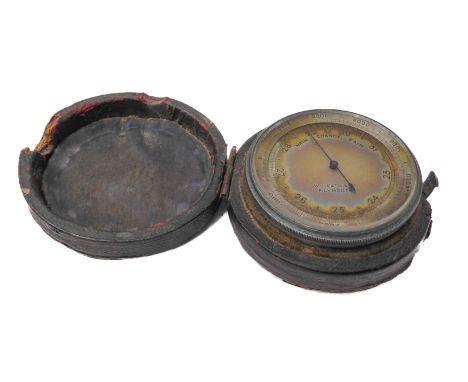 A leather-cased pocket barometer with adjustable bezel and silvered dial signed W. Heath &amp; Co. - Plymouth.&nbsp;(5 cms in
