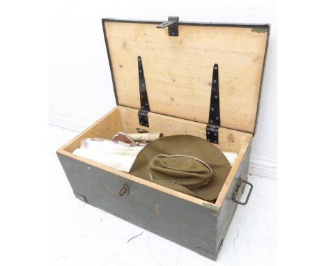 A green-painted British Army pine kit box (66 x 39 x 30 cm) and its contents to include:the 1974 warrant of Warrant Officer D