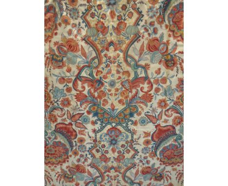 A pair of linen-type curtains with a floral terracotta and green pattern and a matching longer single curtain; pencil pleat h