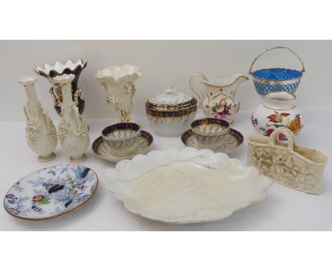 Thirteen ceramic pieces:a pair of early 19th century tea bowls and saucers, hand-decorated against cobalt-blue borders togeth